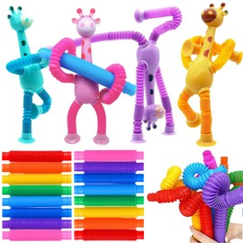 20 Pop Tubes Fidget Toys, 16 Mini Tubos Sensoriales y 4 Jirafa Telescópica con Ventosa, Colorido Kit de Tubos Estirable para Niños y Adultos, Juguetes para Aliviar el Estrés, Regalos Fiesta Infantil