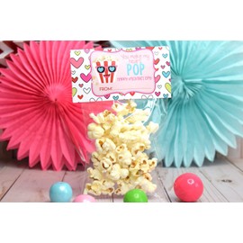Amanda Creation You Make My Heart Pop Popcorn Themed Happy Valentine's Day Bag Toppers for Party Favor Treat Bags, Set of 20 Bag Toppers With 20 Self-Adhesive Bags Also Included