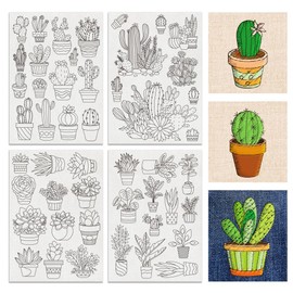 BENECREAT 4Sheets 48Pcs Potted Plants Water Soluble Embroidery, 11.7x8.3inch Cactus Succulents Stick and Stitch Embroidery Paper Stabilizer Water Soluble Hand Sewing for Shirts, Coats, Bags
