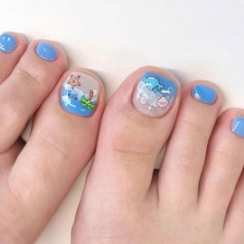 Blue Press on Toenails Short Square Fake Toenails with Starfish Coconut Palm Designs Beach Toe Nails Press ons Summer Acrylic Toenails Glossy Glue on Toe Nails Cute Stick on Toenails for Women 24Pcs