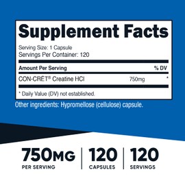 Nutricost Creatine HCl 120 Capsules - Made with CON-CRET Creatine, 750 MG Per Capsule