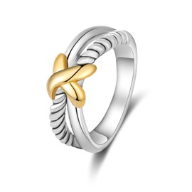 POWNOOL Chunky Band Rings for Women 2 Tone Intertwined Crossover Statement Ring, Cable Wire Twine Twisted Wide Index Finger Gold and Silver Ring Fashion Costume Jewelry Gifts for Her (7)