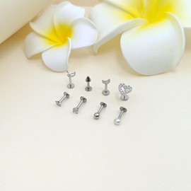 Gojewen 8pcs Lip Bars Labret Studs 16G 10mm Stainless Steel Helix Tragus Cartilage Earring Stud Silver Piercing Bar Heart Butterfly