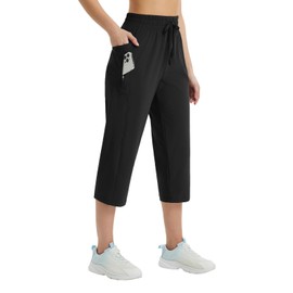 baleaf Women's Athletic Capri Pants Lightweight Quick Dry Stretch Zipper Pocket Travel Casual Outdoor UPF 50+ Black L