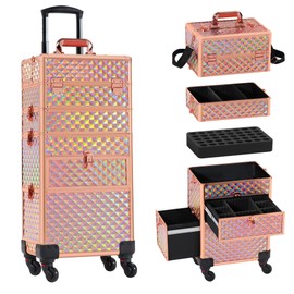 GALHUBIS Makeup Train Case with Drawer, Rolling Makeup Case, Cosmetology Case on Wheels, Gift, Large Makeup Case Organizers, Professional for Salon Barber, Nail, Tattoo, Rose Gold