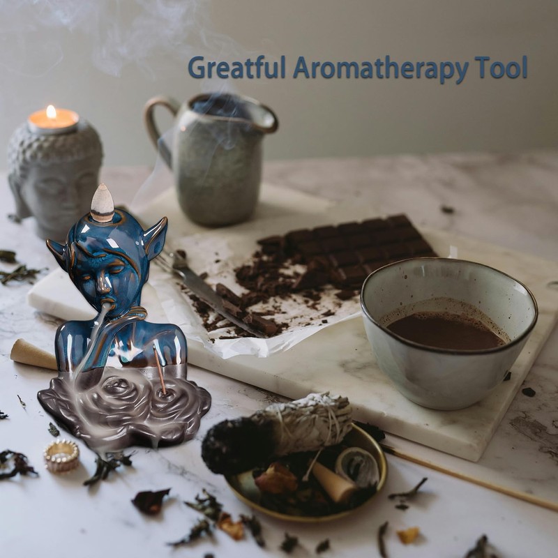 Blue Glaze Elf and Black Rose Ceramic Ornament, Backflow Incense