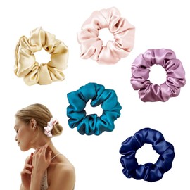 MILAIUN Pack of 5 Hair Bobbles 100% Silk Scrunchies Elastic Colourful Hair Accessories Hair Rope for Girls Women Ponytail Holder Hairband Hair Band Made of Silk - Reusable