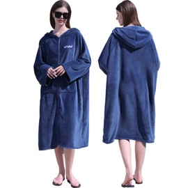 Hiturbo Surf Poncho Zipper Changing Robe: Oversized Hooded Towel Hoodie with Pocket - Plush Coral Fleece Wetsuit Swim Cover Up for Beach Pool Bath - Navy