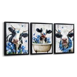 Nachic Wall Farmhouse Bathroom Wall Art Cow and Blue Flowers Painting Canvas Prints Black Framed Funny Animal Bath Decor