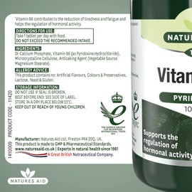Natures Aid Vitamin B6 100mg – High Strength Pyridoxine – Supports Energy, Hormonal Balance & Nervous System – Vegan, Gluten-Free, Non-GMO Daily Food Supplement – 100 Tablets