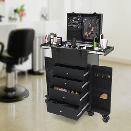 Rolling Makeup Train Case, Beauty Salon Luggage with 4 Drawers, Cosmetic Luggage Travel Organizer for Artist Barber Salon Nail Teach Kits Professional Cosmetic Box, Black