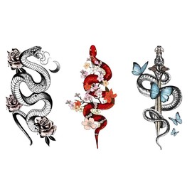 3 Sheets Snake Tattoos Snake Tattoos with Church Blossoms Butterflies Roses Tattoos Set of 3