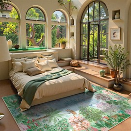 Lahome Spring Jungle Carpet, Green Bedroom Rug 8x10 Under Bed, Large Washable Rugs 8x10 for Living Room, Spring Botanical Non Slip Non Shedding Kids Playroom Floor Carpet for Office Dining Room Decor