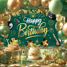 Mocsicka Happy Birthday Banner Green and Gold Happy Birthday Backdrops Glitter Birthday Party Decorations Photo Background for Men Women (Green and Gold)