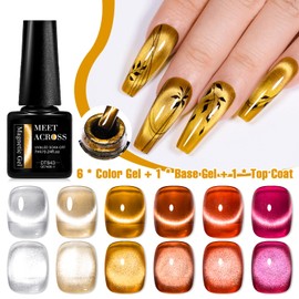 MEET ACROSS Jelly Glass Cat Eye Gel Nail Polish of 6 Clear Glaze Caramel Amber Gel Polish Kit with base top coat and Magnet Sheer Transparent Gel Manicure Nail Art DIY at Home for Salon