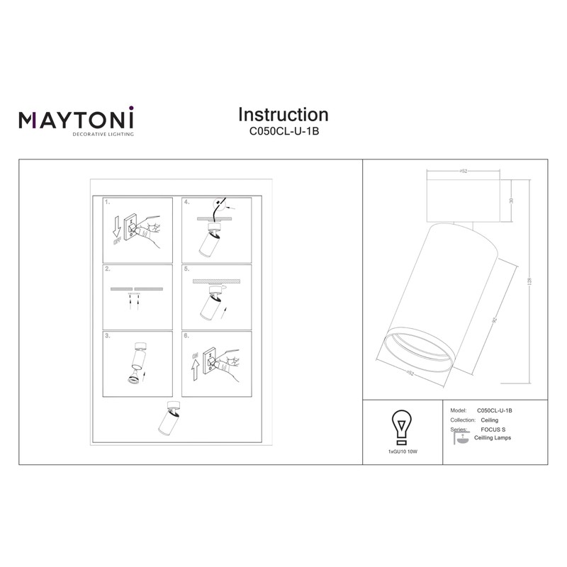 Maytoni Modern Ceiling Spotlight Focus S 1x GU10 Excl. Black