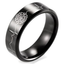 SHARDON Men's 8mm Black Beveled Tungsten Ring with Engraved Firefighter Shield and EKG Size 9.5