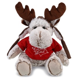 DolliBu I Love You Valentine Plush Moose with Clothes - Cute Soft Cuddly Stuffed Animal with Red Heart Shirt for Valentines Day, Birthday Present, Anniversary, Romantic Date - 9 Inches