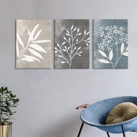 okudolit Vintage Botanical Canvas Wall Art Set of 3 Blue Grey and Beige Neutral Plant Leaf Prints Boho Minimalist Floral Art Pictures Wall Decor for Living Room Bedroom bathroom Office-16x24in