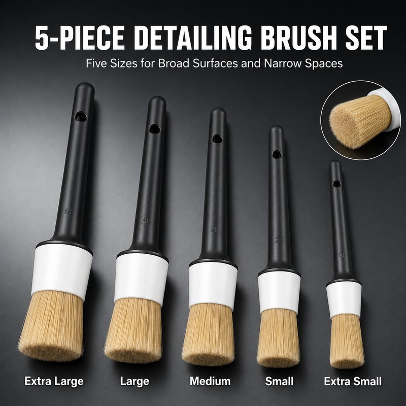 Car Detailing Brush Set, 5-Piece Boar Hair Car Cleaning Brushes