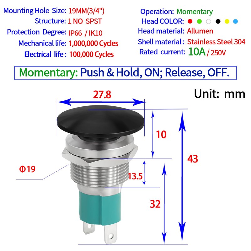 10 Amp 19mm Momentary Push Button Switch 3/4" Hole Mushroom