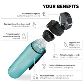 720°DGREE Water Bottle “uberBottle“ - 650 ml softTouch +Fruit-Infuser, BPA-Free Tritan, Leakproof, Reusable Drinking Bottle - Sports Bottle for Gym, Kids, School, Fitness, Running, Travel, Office