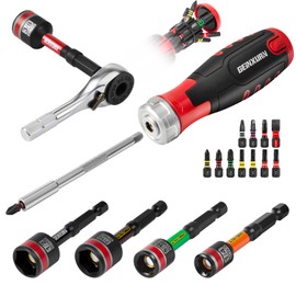 GEINXURN 19 Pieces Ratcheting Screwdriver Set and Socket Wrench Set, Mini Rachet Wrench, Rachet Screwdriver Handle and Nut Driver with 12 Pcs Impact Screwdriver Bit, Hand Tools Set for Repair DIY