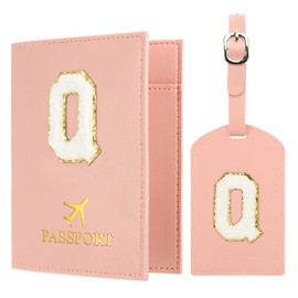 PATIKIL Passport Holder for Travel, Initial Passport Cover and Luggage Tag Set with Alphabet Chenille Letter Patch Travel Wallet Bag Suitcase Identifier for Women Family Travel Pink Q