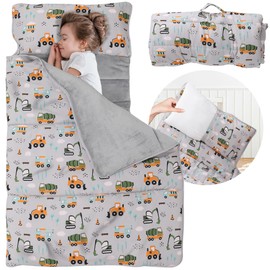 E1F1NN DOT Toddler Nap Mat with Detachable Pillow & Blanket - Soft Plush Minky Fleece Kids Sleeping Bag for Daycare, Preschool & Travel - Portable Roll-Up Design with Carry Handle - Boys Girls Ages 3+
