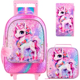 KLFVB Girls Rolling Bakcpack, Kids Sequins Roller School Bag with Lunch Bag, Sequins Wheeled Bookbag for Children - Pink Unicorn