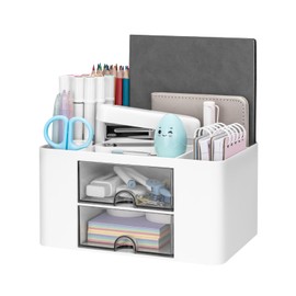 RISEMART Desk Organiser with 2 Drawers, Multifunctional Pen Holder for Desk, Desk Organiser and Storage with 5 Compartments, Desktop Organiser for Office