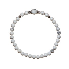 LTC Designs 4mm Shiny Round White Howlite Stretch Bracelet with Sterling Silver Accents, 8" for Men and Women, Trending Crystal Stretch Stacking Bracelet