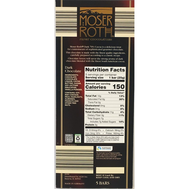 Moser Roth 70% Premium Fine German Dark Chocolate Bars. (Pack