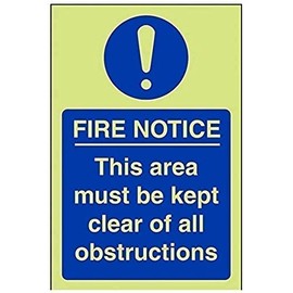 V Safety 18053AG-G Glow In The Dark Fire Notice This Area Must Be Kept Clear Of All Obstructions Sign - 100mm x 150mm - Rigid Plastic, Blue