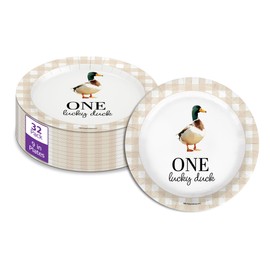 One Lucky Duck First Birthday - 32 Piece Disposable Party Supplies - Decorations for Beige Gingham 1st Birthday Round Party Plates - Large 9" Paper Plates In Bulk