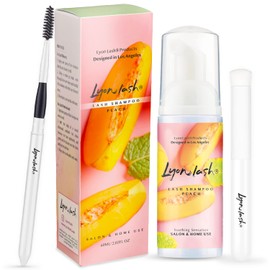 Lyon Lash Eyelash Extension Shampoo (Peach), Gentle Formula Paraben & Sulfate Free, Oil Free Foam Cleanser Kit | Remove Eye Makeup & Oil & Dust | Professional Salon And Home Use (60ml + 1 mascara wand + 1 cleansing brush)