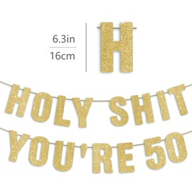 Pre-Strung Holy You're 50 Banner - Gold Glitter, 50th Birthday Decorations for Men & Women, Funny Fifty Birthday Decor Sign 50th Birthday Gifts for Her & Him