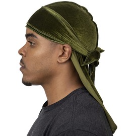Veeta Superior Velvet Durag - Durags de terciopelo suave para hombres y mujeres, correas largas dobles anchas, forro Durag sedoso, triple costura, Verde oliva, Talla única