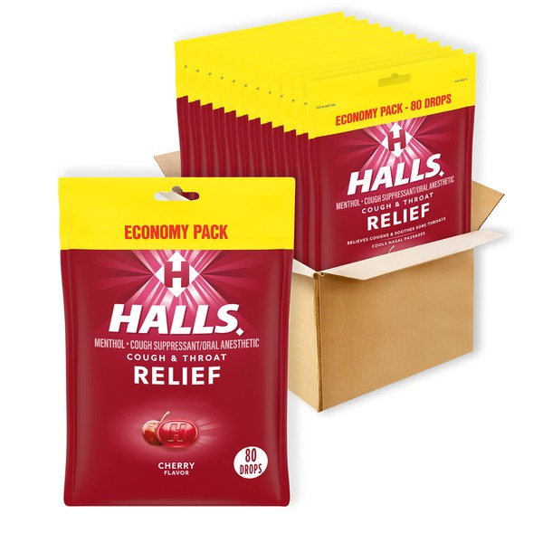 HALLS Relief Cherry Cough Drops, Economy Pack, 12 Packs of 80 Drops (960 Total Drops)