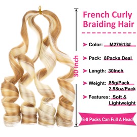 Unionbeauty 30 Inch French Curl Braiding Hair 8 Packs Blonde French Curly Braiding Hair Pre Stretched Body Wavy Braiding Hair for Boho Box Braids Crochet Hair Curly Braiding Hair for Woman M27/613#