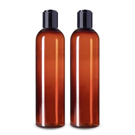 ljdeals 8 oz Amber Plastic Empty Bottles with Black Disc Top Caps, Refillable Containers for Shampoo, Lotions, Cream and More Pack of 2, BPA Free, Made in USA
