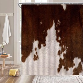 Cowhide Shower Curtain Brown Milk Cow Skin Print Farmhouse Animal Luxury Vintage Western Rustic Retro Bathroom Curtain with Hooks,Brown White