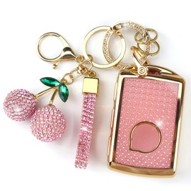 Rayslesan Sparkly Key Fob Cover with Cherry Keychain, Bling TPU Smart Key Case for Women, Compatible with Volvo XC90 XC60 XC40 S90 S60 V90 V60 Polestar 1 Polestar 2 Polestar 3 (Gold Pink)