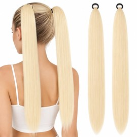 2 Pieces Blonde Ponytail Extension, 26 Inch Straight Braiding Hair, Blonde Hair Extensions for DIY Ponytail, French Braid, Concert and Festivals