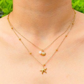 Jemant Starfish Shell Necklaces For Women Gold Layered Pearl Bead Chain Dainty Boho Chic Double Layer Summer Beach Stainless Steel Non Tarnish Waterproof Jewelry Mother Day Gift For Mom Wife