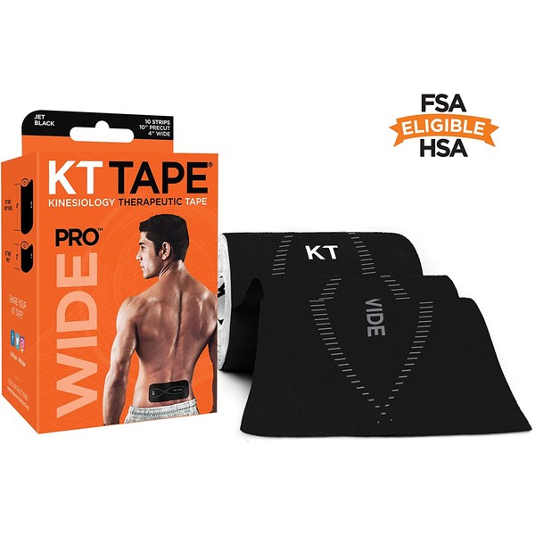 KT Tape Pro Wide Kinesiology Therapeutic Sports Tape, 10 Precut 10 Inch Strips, Double Width Lower Back or Large Muscle Groups, Water Resistant, 1N) Black - Precut/Wide, Small (814179022578)