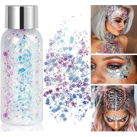 Glitter Face Body Glitter Gel, Mermaid Glitter Make-Up, Festival Glitter Face Gel, Make-Up Carnival Glitter for Festival, Music Festivals, Party, Masquerade, Body/Face/Hair/Lips (White)