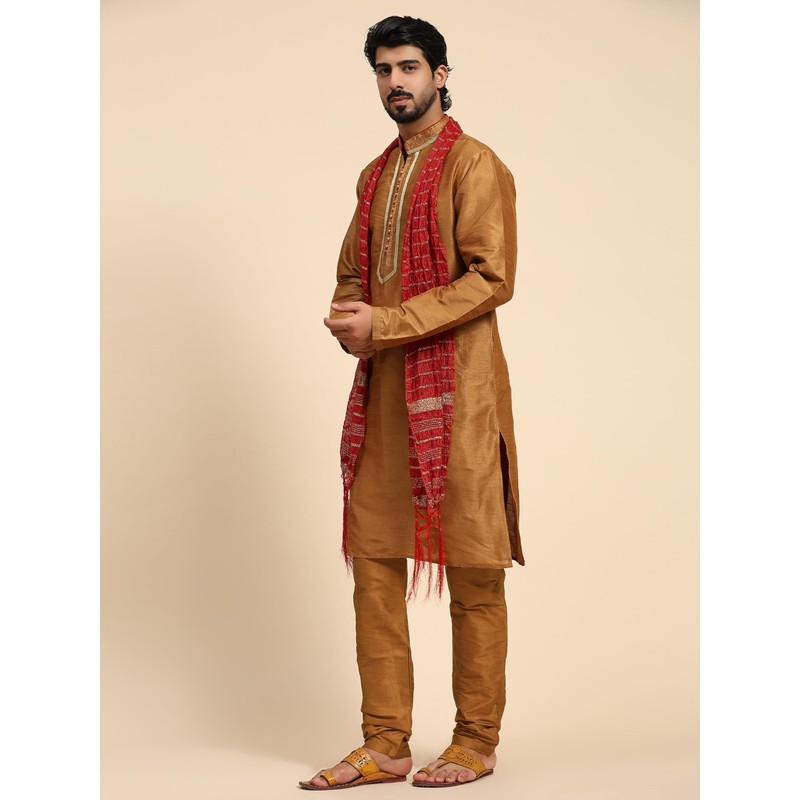 SKAVIJ Men's Dupion Silk Embroidered Kurta Pajama Scarf Set Ethnic