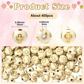 PONABEADIY 10MM 400PCS Acrylic Cross Beads with Holes Easter Round Crucifix Plating Plastic White Golden Metal Enlaced Spacer Bead Bulk for Jewellery Making Bracelet Earring Necklace Diy Craft Supply