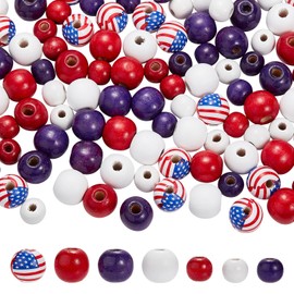 SUNNYCLUE 140Pcs Round Wood Beads Bulk Patriotic Wooden Beads 12mm 16mm Independence Day USA 4th of July Bead America Red Blue American Flag Loose Beading Kit for Garland Necklace Keychain Home Decor